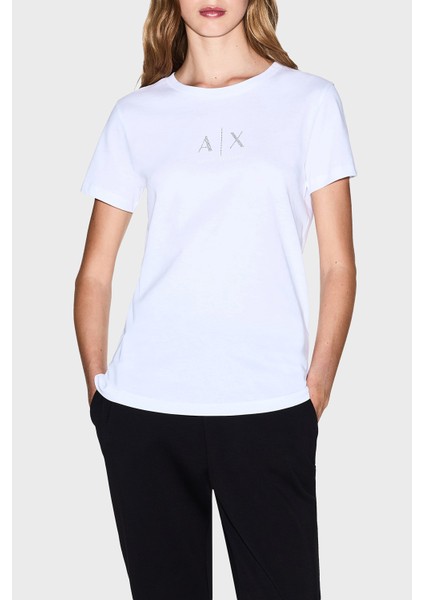 Taşlı Logo Detaylı Pamuklu Regular Fit Bisiklet Yaka T Shirt Bayan T Shirt XW001459 AF10356 U0002