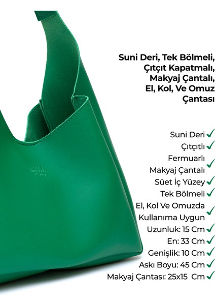 Çimen Yeşili SHK19 Suni Deri, Çıtçıtlı, Tek Bölmeli, Fermuarlı Makyaj Çantalı, El, Kol ve Omuz Çantası