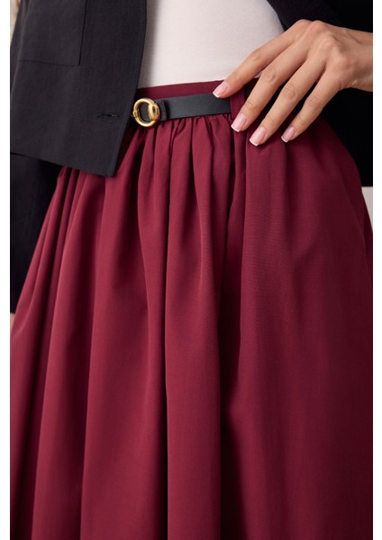 Büzgülü Kanvas Etek Vişne