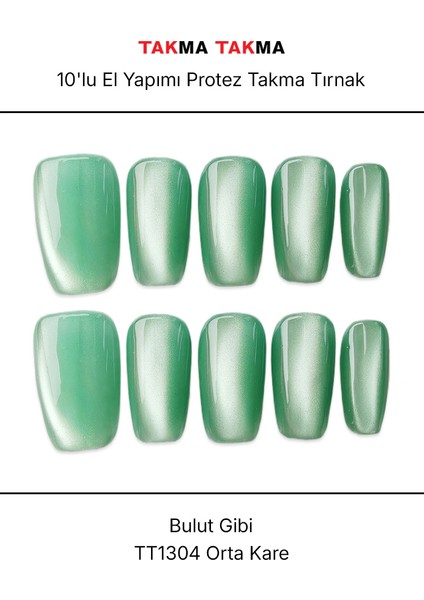 15'li Yeşil Orta Kare TT1304 Tekrar Kullanılabilir El Yapımı Protez Takma Tırnak - Yeşil-M modelleri
