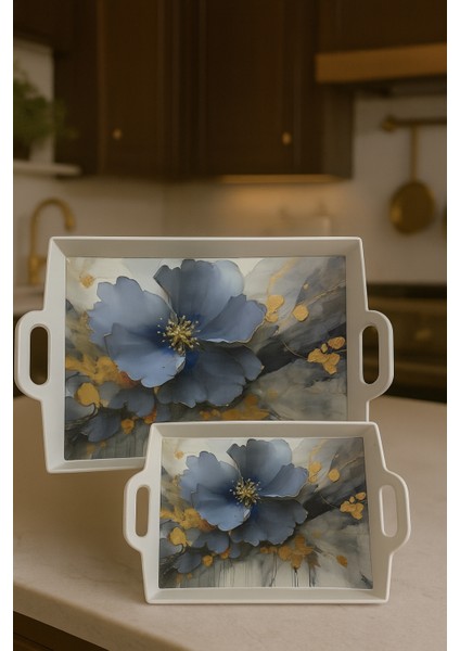 40X30 ve 33X26 cm Dekoratif ve Şık Çiçek Desenli 2’li Dikdörtgen Sunum Tepsisi Seti