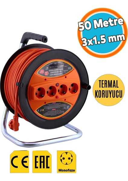 Makaralı Uzatma Kablosu Cca 3x1.5 mm 50 Metre Plastik Seyyar 4 Prizli Monofaze Termal Sigortalı