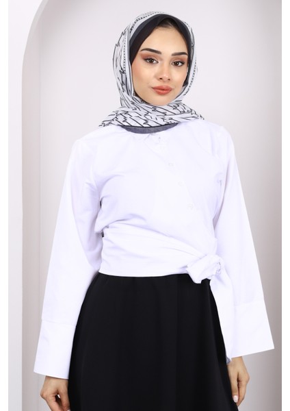 Ekru Bel Bağlamalı Crop Gömlek