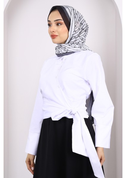 Ekru Bel Bağlamalı Crop Gömlek modelleri