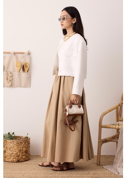 Büzgülü Kanvas Etek Koyu Bej