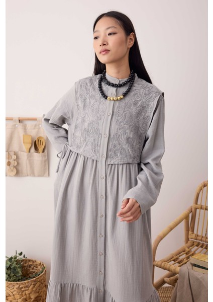 Önü Ters Rüzgarlıklı Elbise Açık Gri