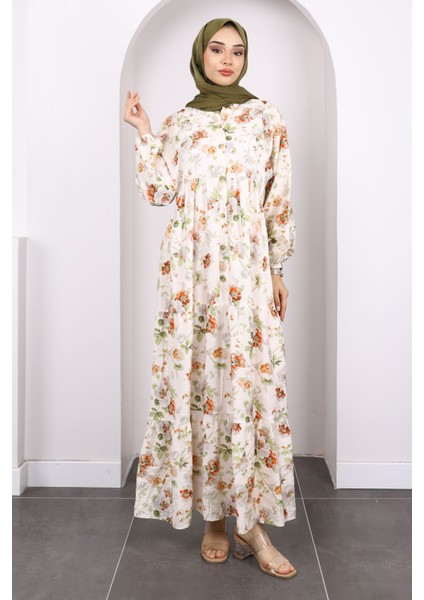 Kiremit Yarım Düğmeli Eteği Katlı Desenli Elbise