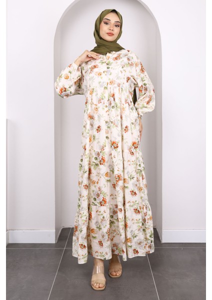 Kiremit Yarım Düğmeli Eteği Katlı Desenli Elbise fiyatları