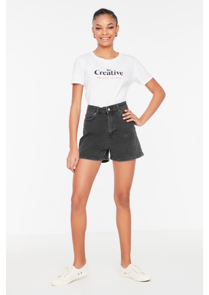 Shopeonly antrasit Yüksek Bel Denim Şort