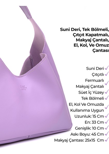 Lila SHK19 Suni Deri, Çıtçıtlı, Tek Bölmeli, Fermuarlı Makyaj Çantalı, El, Kol ve Omuz Çantası