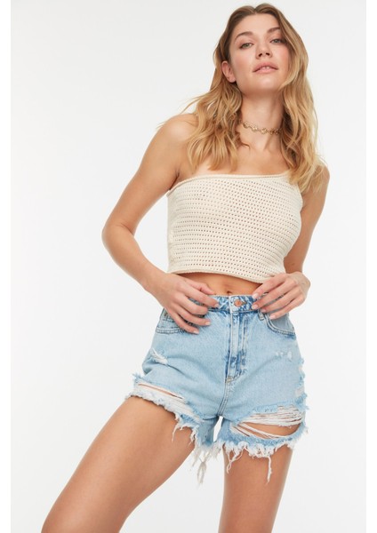 Shopeonly mavi Yırtıklı Denim Şort