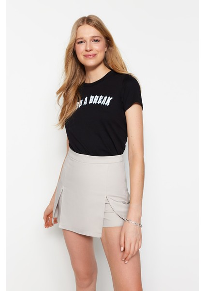 Shopeonly gri Çift Yırtmaçlı Süper Mini Dokuma Şort Etek modelleri