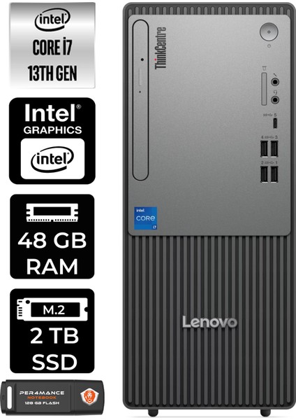 Thinkcentre Neo 50T Gen 5 Intel Core I7 13700 48GB 2tb SSD Windows 11 Home Masaüstü Bilgisayar & Per4 USB Bellek 12UB000LTRP369