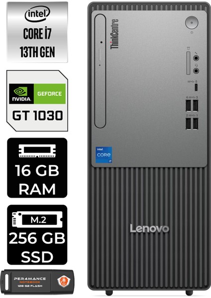 Thinkcentre Neo 50T Gen 5 Intel Core I7 13700 16GB 256GB SSD GT1030/4GB Freedos Masaüstü Bilgisayar & Per4 USB Bellek 12UB000LTRP306