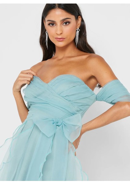 Omuzları Açık Dalya Organze Volanlı Elbise fiyatları