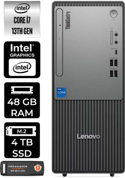 Thinkcentre Neo 50T Gen 5 Intel Core I7 13700 48GB 4tb SSD Windows 11 Pro Masaüstü Bilgisayar & Per4 USB Bellek 12UB000LTRP410