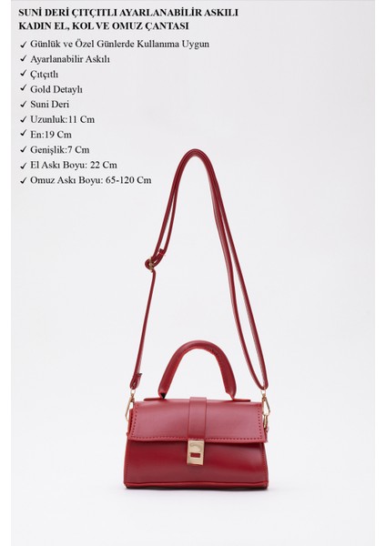 Kırmızı SHK109 Suni Deri Çıtçıtlı Ayarlanabilir Askılı Kadın El, Kol ve Omuz Çantası U:11 E:19 G:7 cm modelleri