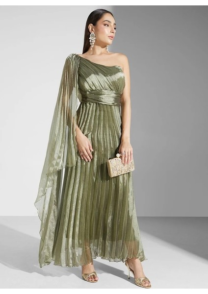 Tek Omuzlu Piliseli Organze Elbise