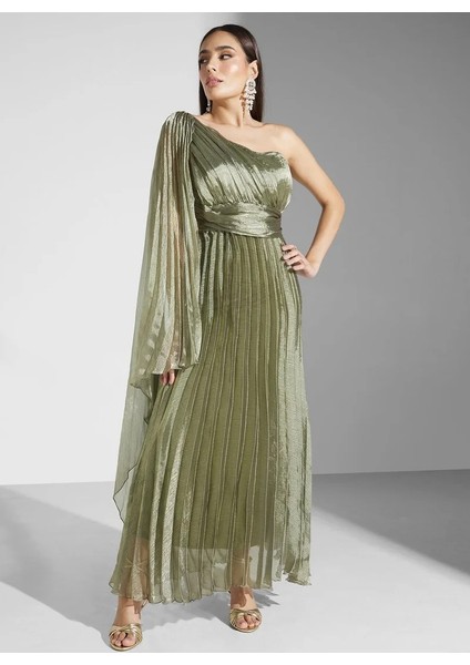 Tek Omuzlu Piliseli Organze Elbise fırsatları