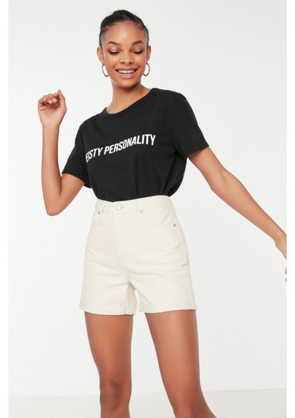 Shopeonly ekru Paçası Katlamalı Yüksek Bel Denim Şort