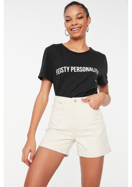 Shopeonly ekru Paçası Katlamalı Yüksek Bel Denim Şort fiyatları