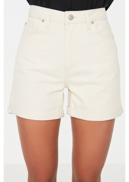 Shopeonly ekru Paçası Katlamalı Yüksek Bel Denim Şort indirimleri