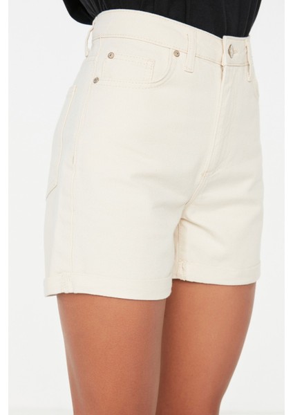 Shopeonly ekru Paçası Katlamalı Yüksek Bel Denim Şort