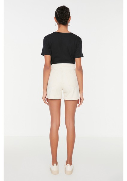 Shopeonly ekru Paçası Katlamalı Yüksek Bel Denim Şort