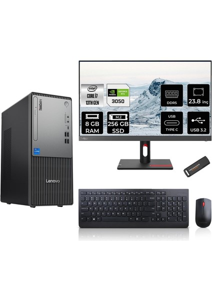 Thinkcentre Neo 50T Gen 5 Intel Core I7 13700 8gb 256GB SSD RTX3050/6GB 23.8" Fhd Monitör Freedos Masaüstü Bilgisayar & Per4 USB Bellek 12UB000LTRMNT3301