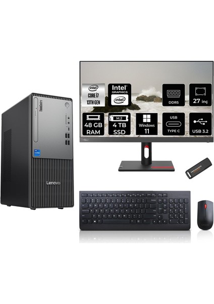 Thinkcentre Neo 50T Gen 5 Intel Core I7 13700 48GB 4tb SSD 27" Fhd Monitör Windows 11 Pro Masaüstü Bilgisayar & Per4 USB Bellek 12UB000LTRMNT410