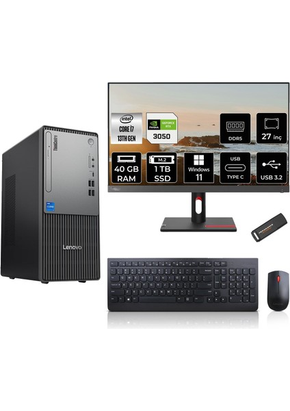 Thinkcentre Neo 50T Gen 5 Intel Core I7 13700 40GB 1tb SSD RTX3050/6GB 27" Fhd Monitör Windows 11 Home Masaüstü Bilgisayar & Per4 USB Bellek 12UB000LTRMNT3363