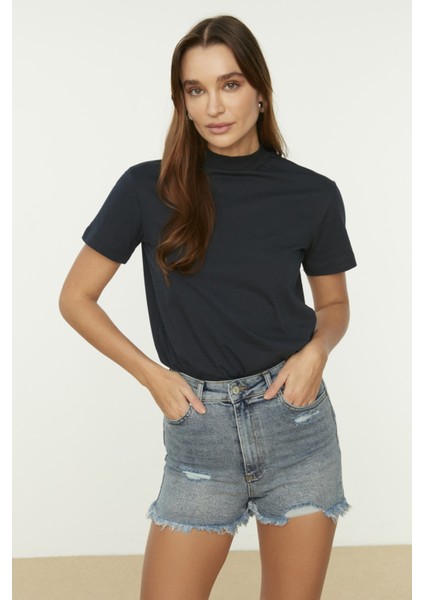 Shopeonly mavi Yırtık Detaylı Yüksek Bel Denim Şort