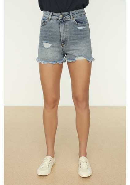 Shopeonly mavi Yırtık Detaylı Yüksek Bel Denim Şort fiyatları