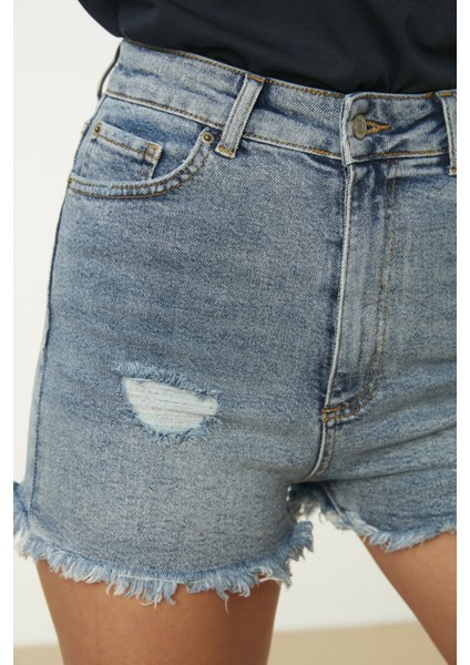 Shopeonly mavi Yırtık Detaylı Yüksek Bel Denim Şort fırsatları