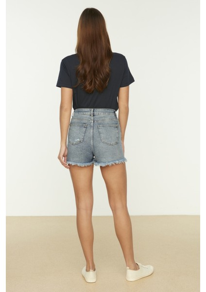 Shopeonly mavi Yırtık Detaylı Yüksek Bel Denim Şort indirimleri