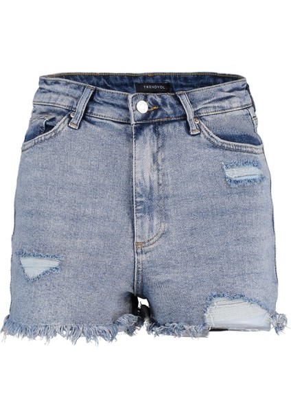 Shopeonly mavi Yırtık Detaylı Yüksek Bel Denim Şort