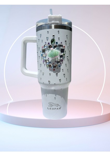 Pipetli 1,2 Litre Kulplu Çelik Termos Renkli Üzeri Taş Işlemeli