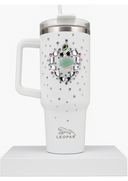 Pipetli 1,2 Litre Kulplu Çelik Termos Renkli Üzeri Taş Işlemeli