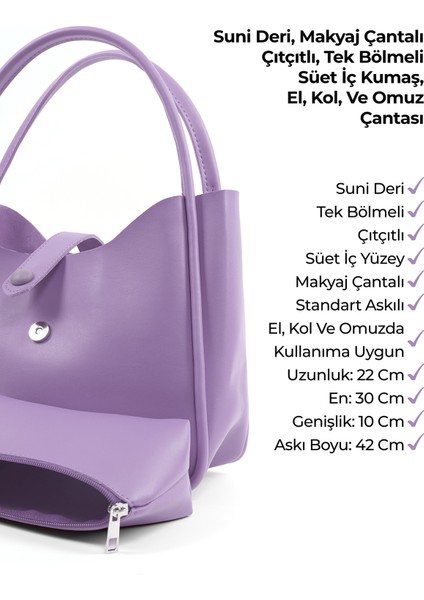 Lila Shk79 Deri Düğme Detaylı Çıtçıtlı Makyaj Çantalı Kol ve Omuz Çantası