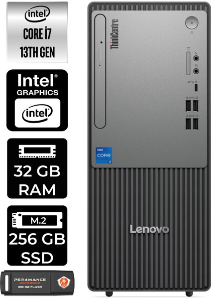 Thinkcentre Neo 50T Gen 5 Intel Core I7 13700 32GB 256GB SSD Windows 11 Pro Masaüstü Bilgisayar & Per4 USB Bellek 12UB000LTRP396