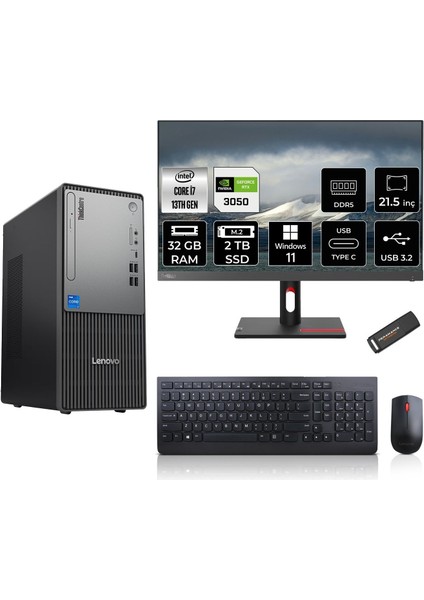 Thinkcentre Neo 50T Gen 5 Intel Core I7 13700 32GB 2tb SSD RTX3050/6GB 21.5" Fhd Monitör Windows 11 Pro Masaüstü Bilgisayar & Per4 USB Bellek 12UB000LTRMNT3399