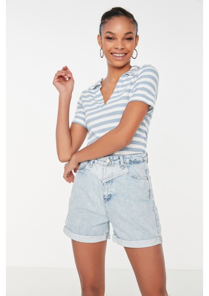 Shopeonly mavi Renk Bloklu Denim Şort