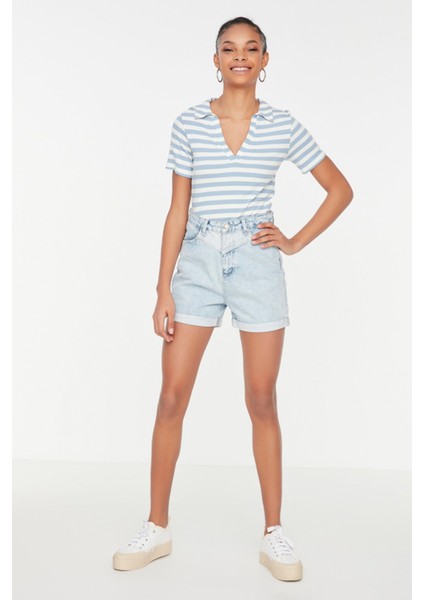 Shopeonly mavi Renk Bloklu Denim Şort fiyatları