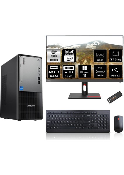 Thinkcentre Neo 50T Gen 5 Intel Core I7 13700 48GB 4tb SSD 21.5" Fhd Monitör Windows 11 Pro Masaüstü Bilgisayar & Per4 USB Bellek 12UB000LTRMNT410