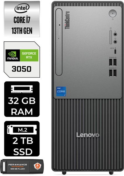 Thinkcentre Neo 50T Gen 5 Intel Core I7 13700 32GB 2tb SSD RTX3050/6GB Freedos Masaüstü Bilgisayar & Per4 USB Bellek 12UB000LTRP319