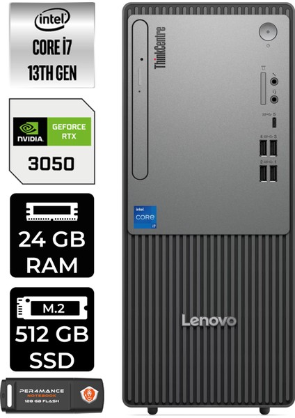 Thinkcentre Neo 50T Gen 5 Intel Core I7 13700 24GB 512GB SSD RTX3050/6GB Windows 11 Home Masaüstü Bilgisayar & Per4 USB Bellek 12UB000LTRP352