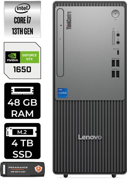 Thinkcentre Neo 50T Gen 5 Intel Core I7 13700 48GB 4tb SSD GTX1650/4GB Windows 11 Pro Masaüstü Bilgisayar & Per4 USB Bellek 12UB000LTRP410