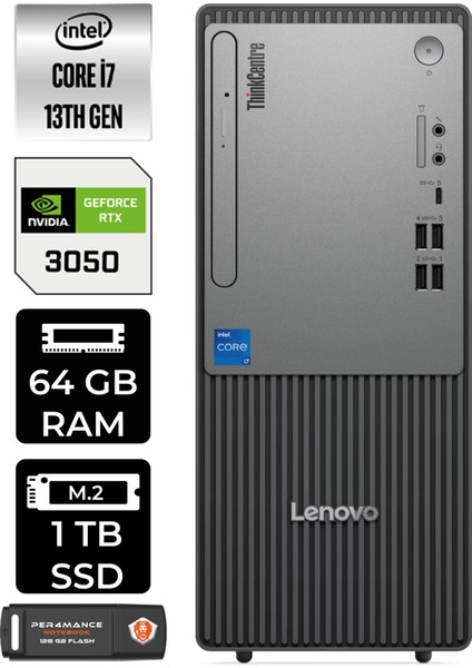 Thinkcentre Neo 50T Gen 5 Intel Core I7 13700 64GB 1tb SSD RTX3050/6GB W11P Masaüstü Bilgisayar & Per4 USB Bellek 12UB000LTRP413