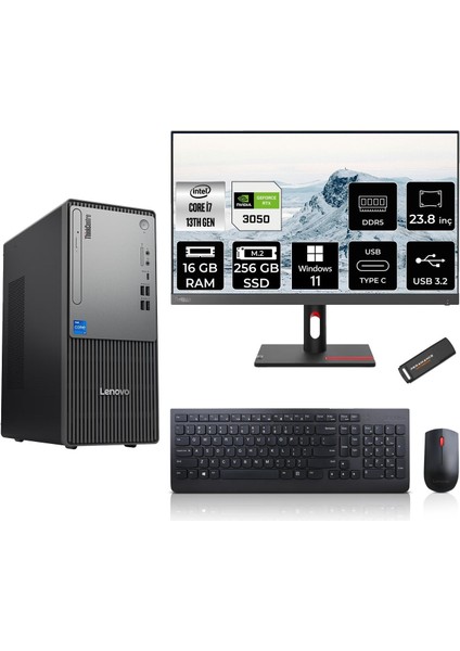 Thinkcentre Neo 50T Gen 5 Intel Core I7 13700 16GB 256GB SSD RTX3050/6GB 23.8" Fhd Monitör W11P Masaüstü Bilgisayar & Per4 USB Bellek 12UB000LTRMNT3386