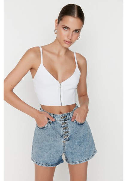 Shopeonly koyu Mavi Önden Düğmeli Denim Şort modelleri